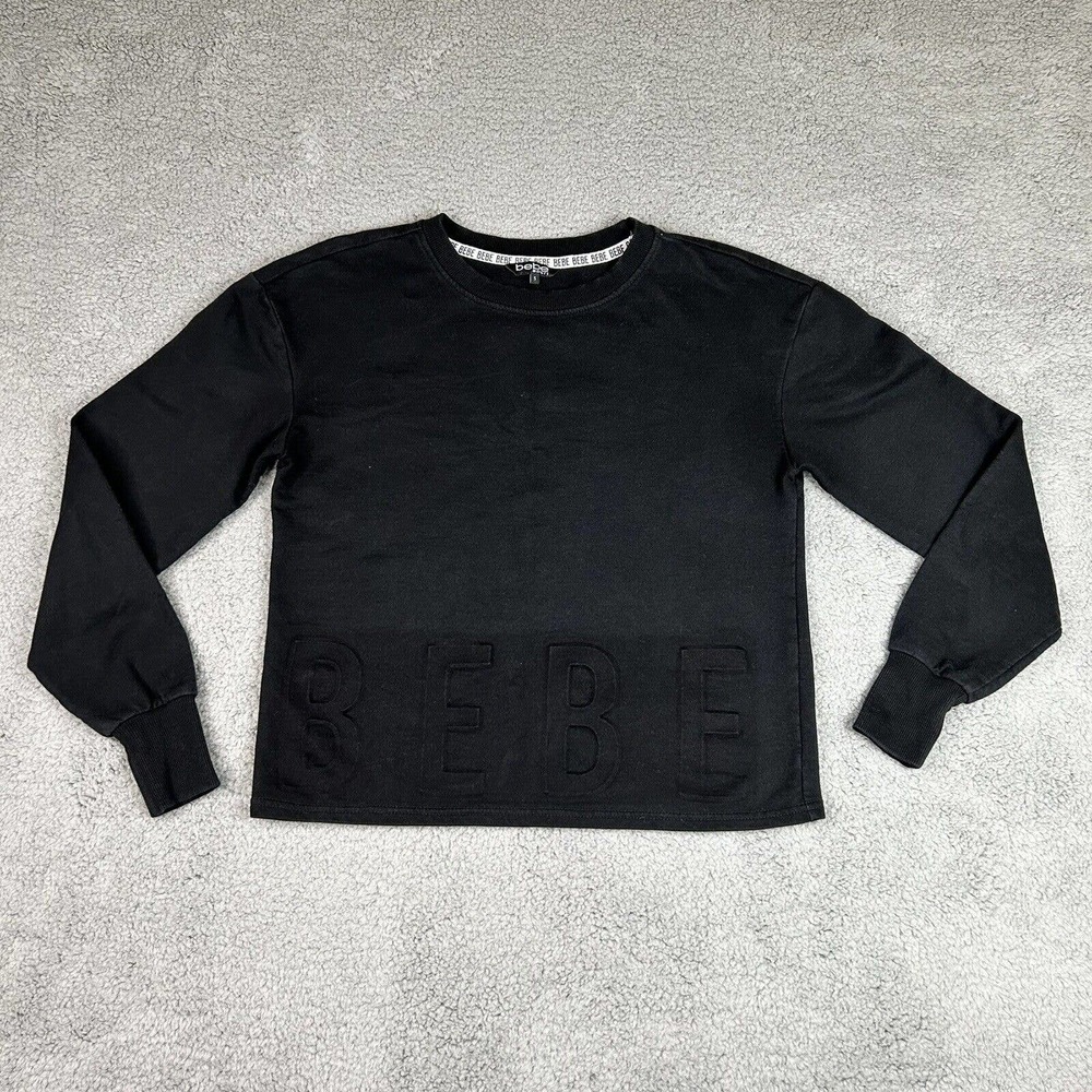 Bebe‎ Sport Pullover Sweatshirt Womens Small Black Long Sleeve Embossed Logo